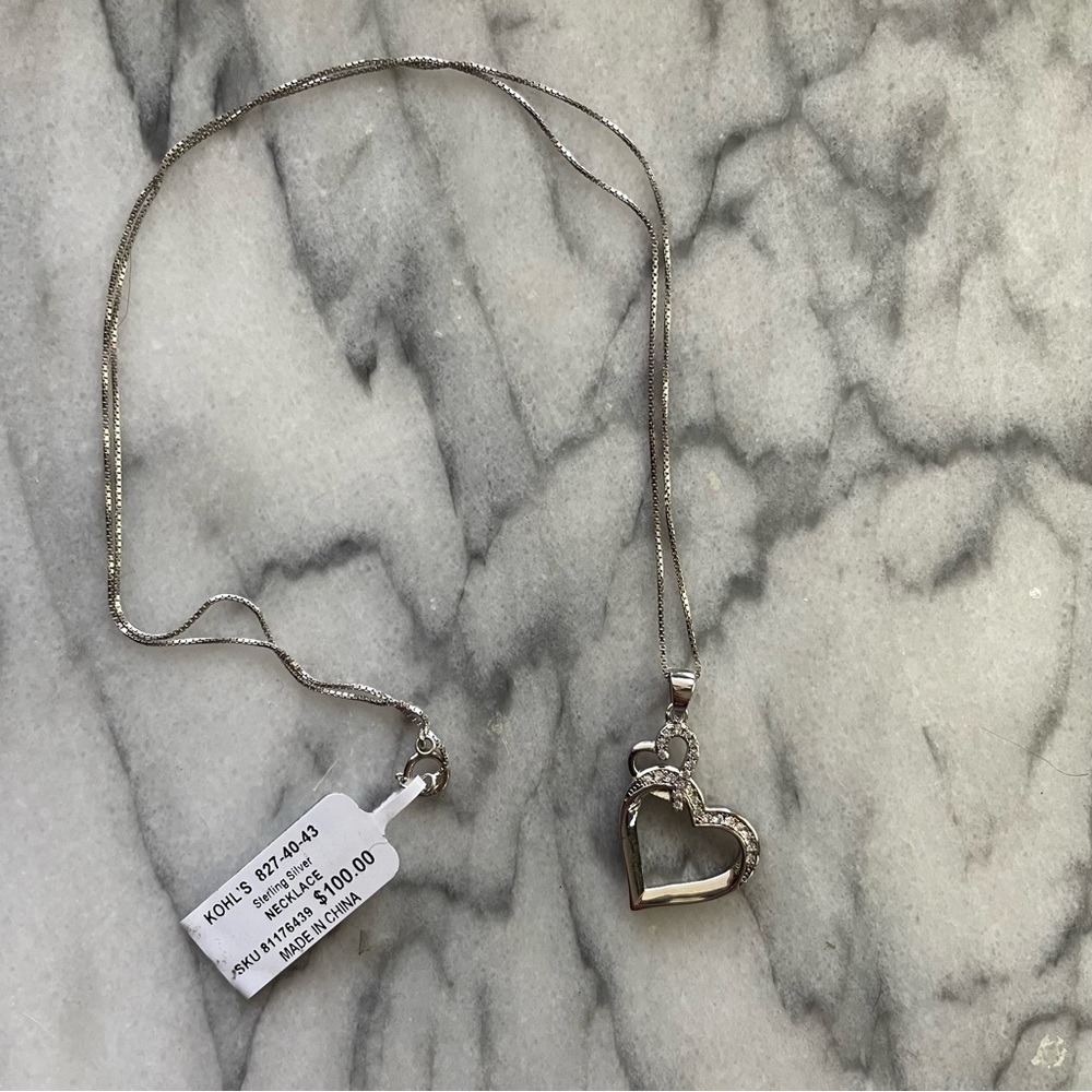 💕 NWT Sterling Silver Double Heart Necklace With Cubic Zirconia 💕
